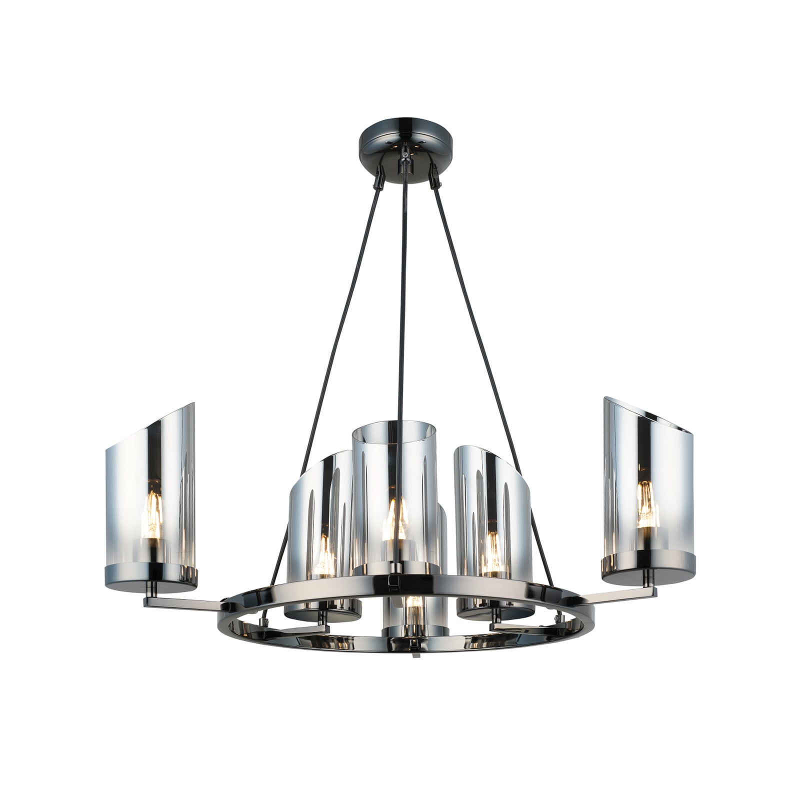 Lysekrone Padrela 6-lys svart-krom glass Ø68 cm dimbar fra forfra