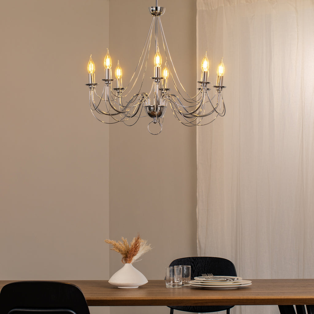 Lysekrone Retro 8-lys dimbar krom Ø70 cm E14 bakside