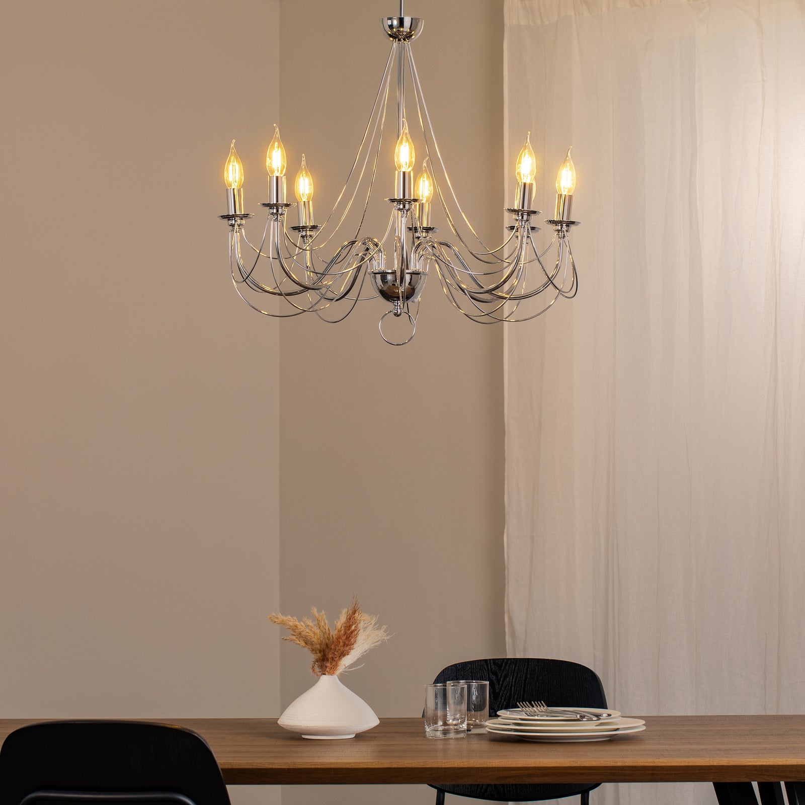 Lysekrone Retro 8-lys dimbar krom Ø70 cm E14 bakside