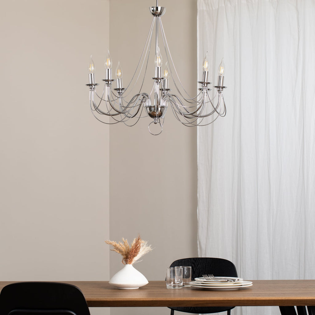 Lysekrone Retro 8-lys dimbar krom Ø70 cm E14 detalj av armer