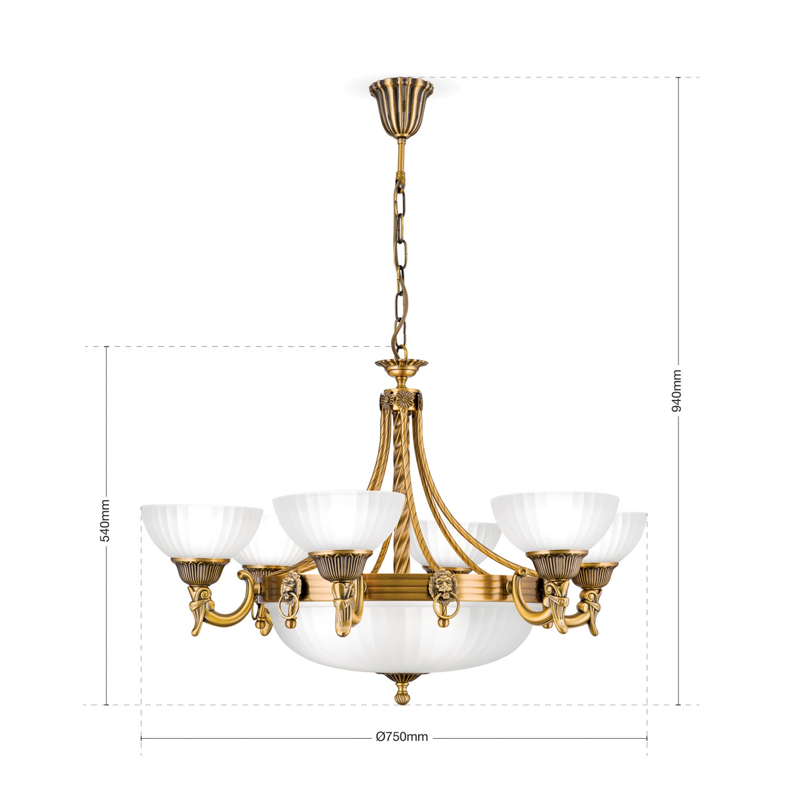 Montert Lysekrone Rocca klassisk 9-lys bronse glass Ø75 cm i rom