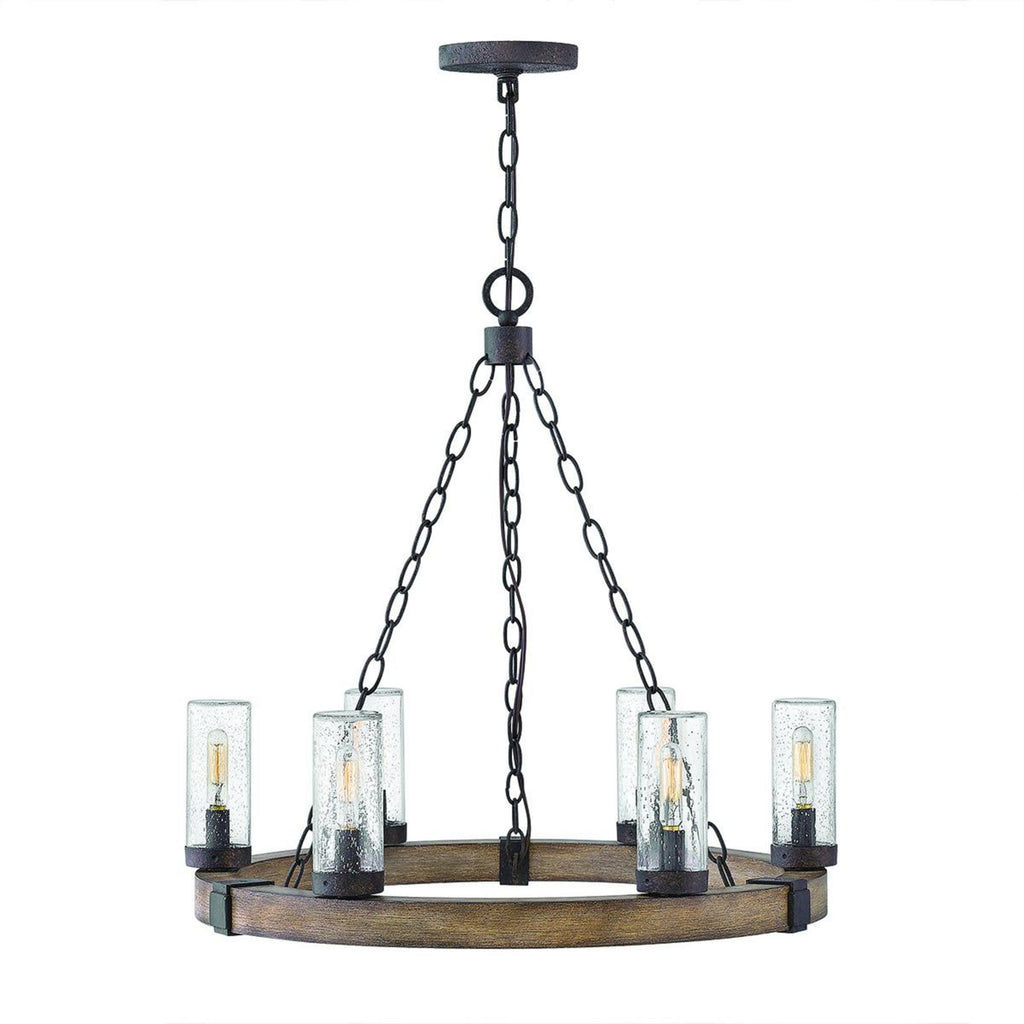 Lysekrone Sawyer 6-lys dimbar trefarget stål/glass Ø61 cm forfra