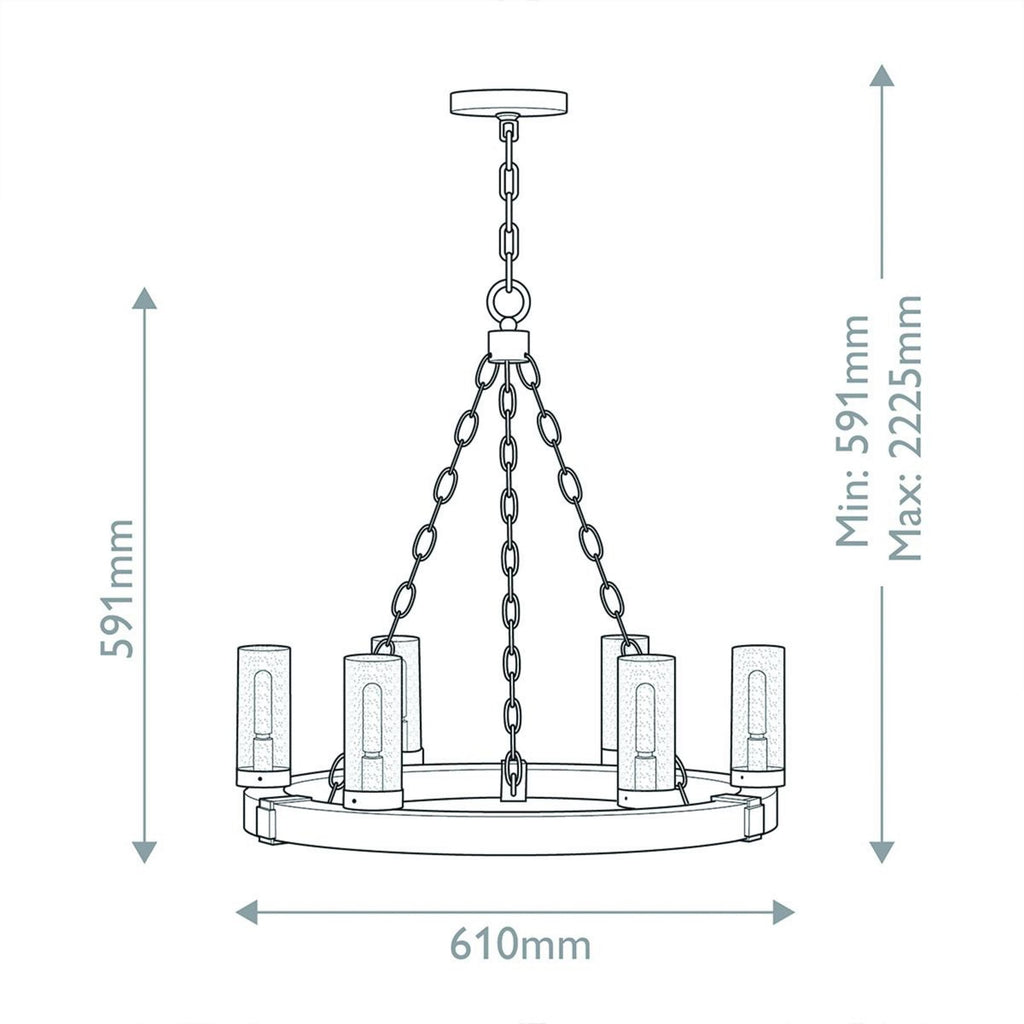 Lysekrone Sawyer 6-lys dimbar trefarget stål/glass Ø61 cm bakside