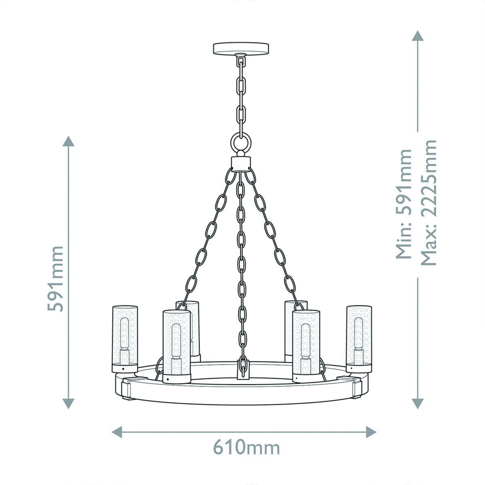 Lysekrone Sawyer 6-lys dimbar trefarget stål/glass Ø61 cm bakside