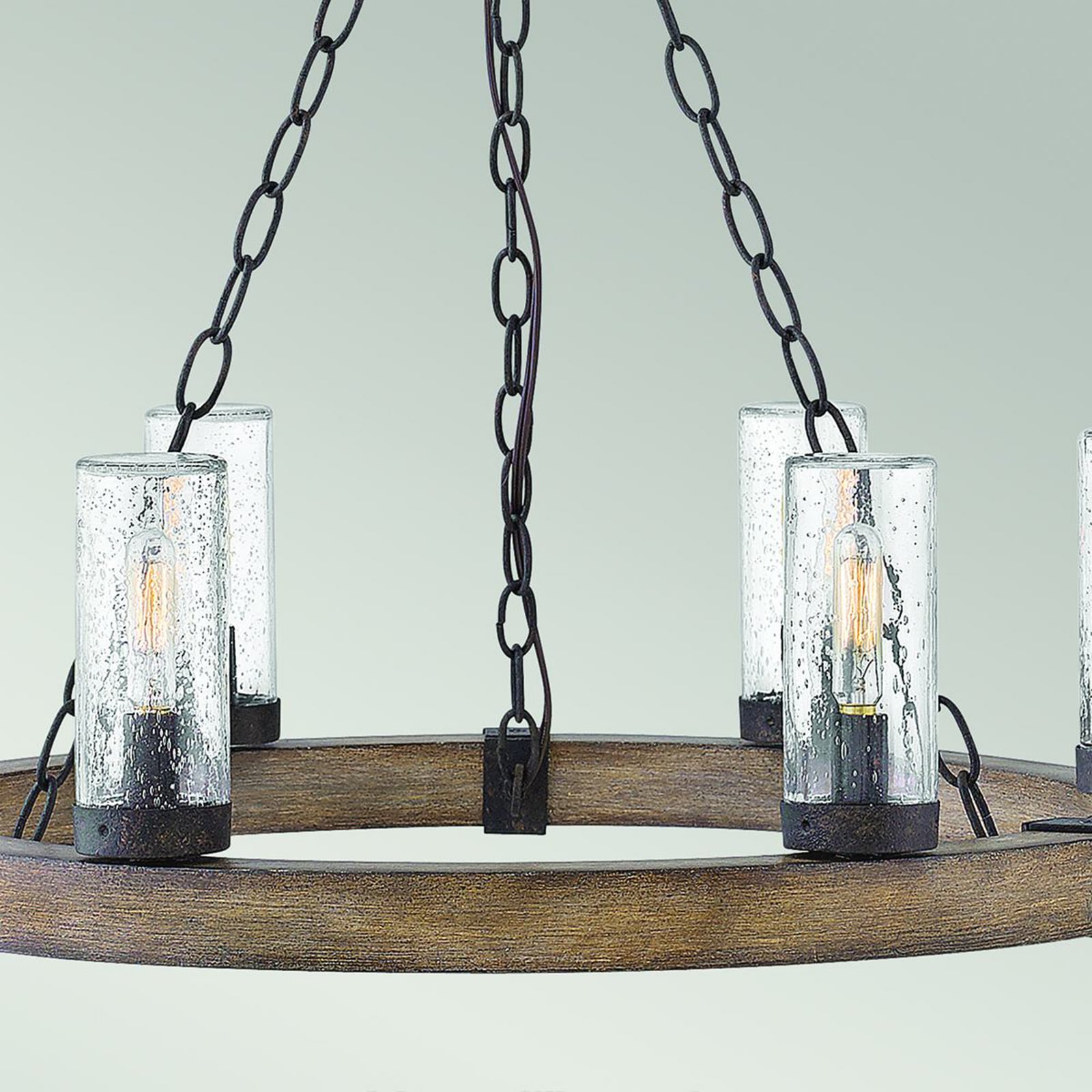 Detalj av Lysekrone Sawyer 6-lys dimbar trefarget stål/glass Ø61 cm