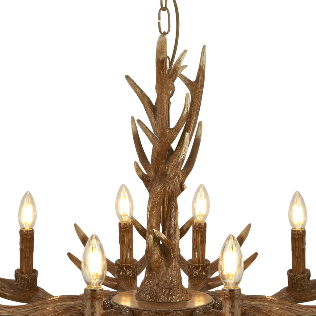 Lysekrone Stag gevir-design 12-lys brun nærbilde av lys