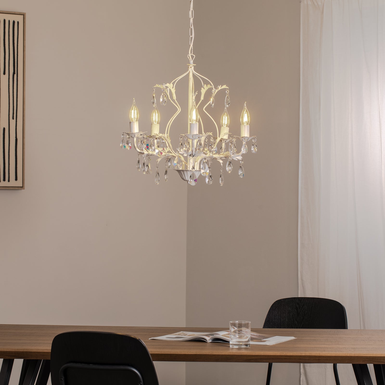 Lysekrone Teresa 5-lys krystallglass elfenben Ø53 cm bakside