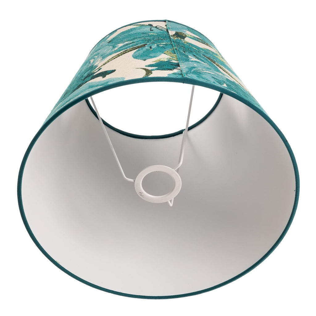 Lampeskjerm Sofia blomstermønster turkis tekstil Ø35 cm montert i lampe