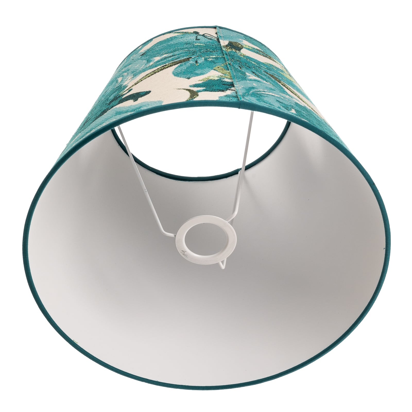 Lampeskjerm Sofia blomstermønster turkis tekstil Ø35 cm montert i lampe