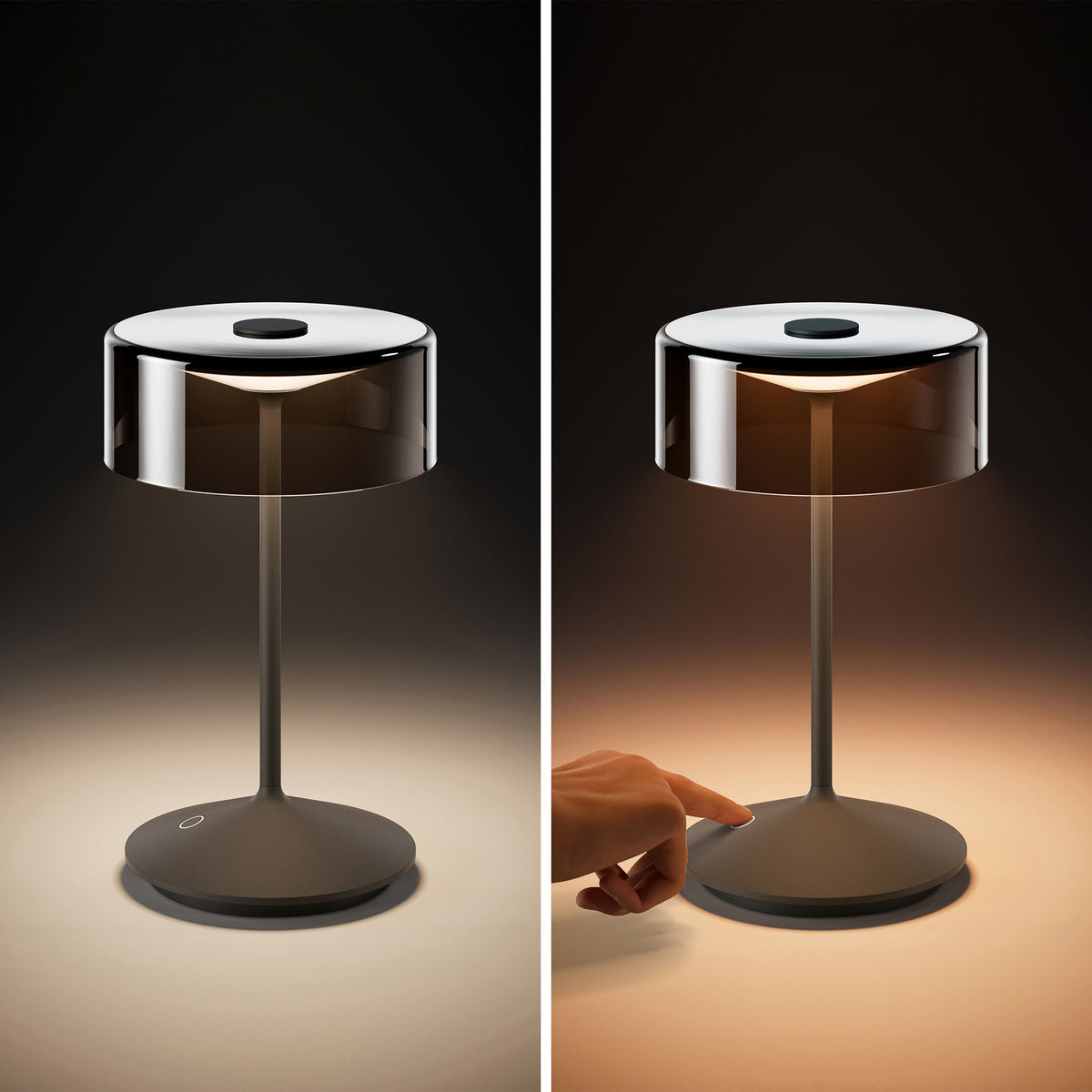 Montert LED oppladbar bordlampe Numotion grafitt glass dimbar IP54 på bord