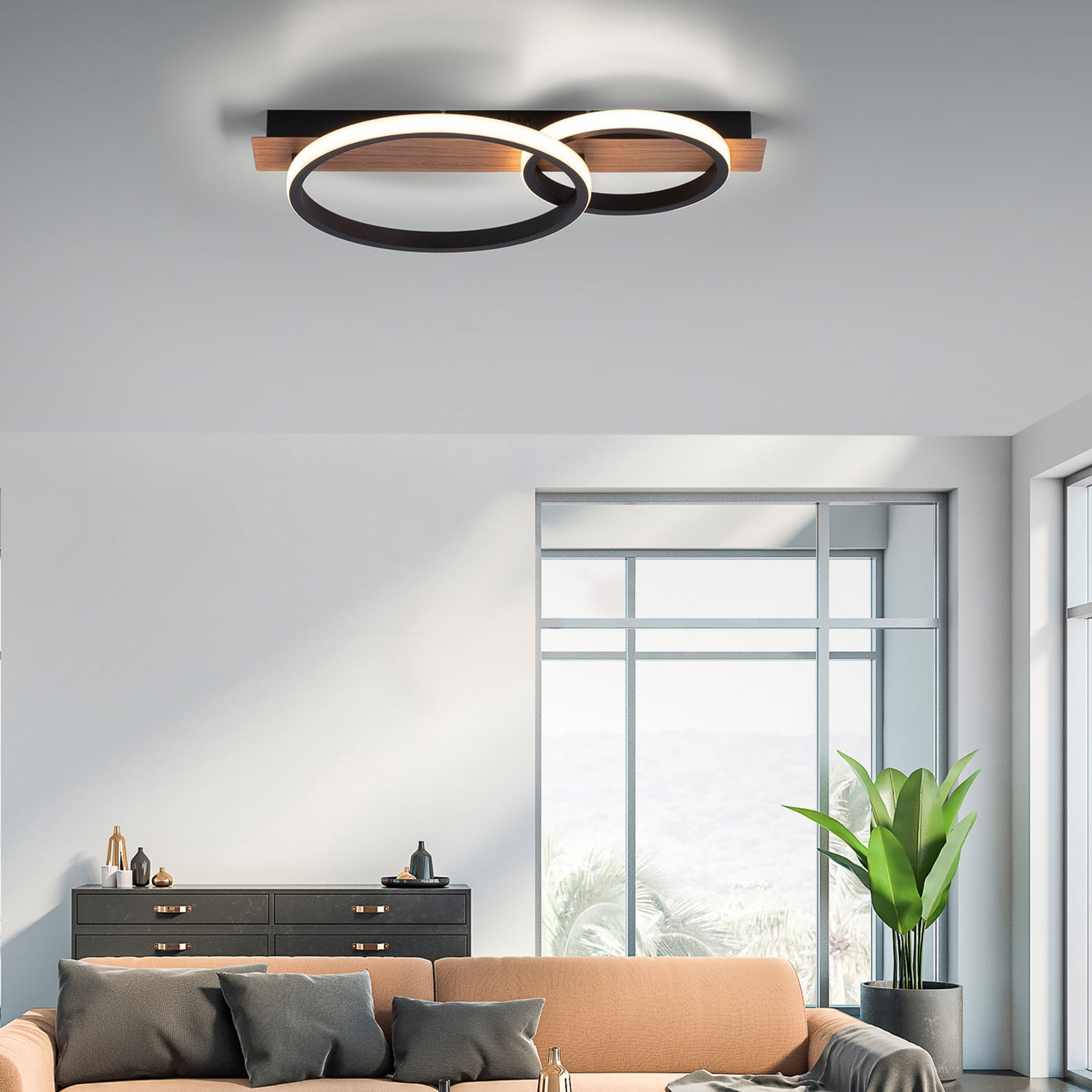 Montert LED taklampe Trooper 2-lys tredekor svart 53 cm i rom