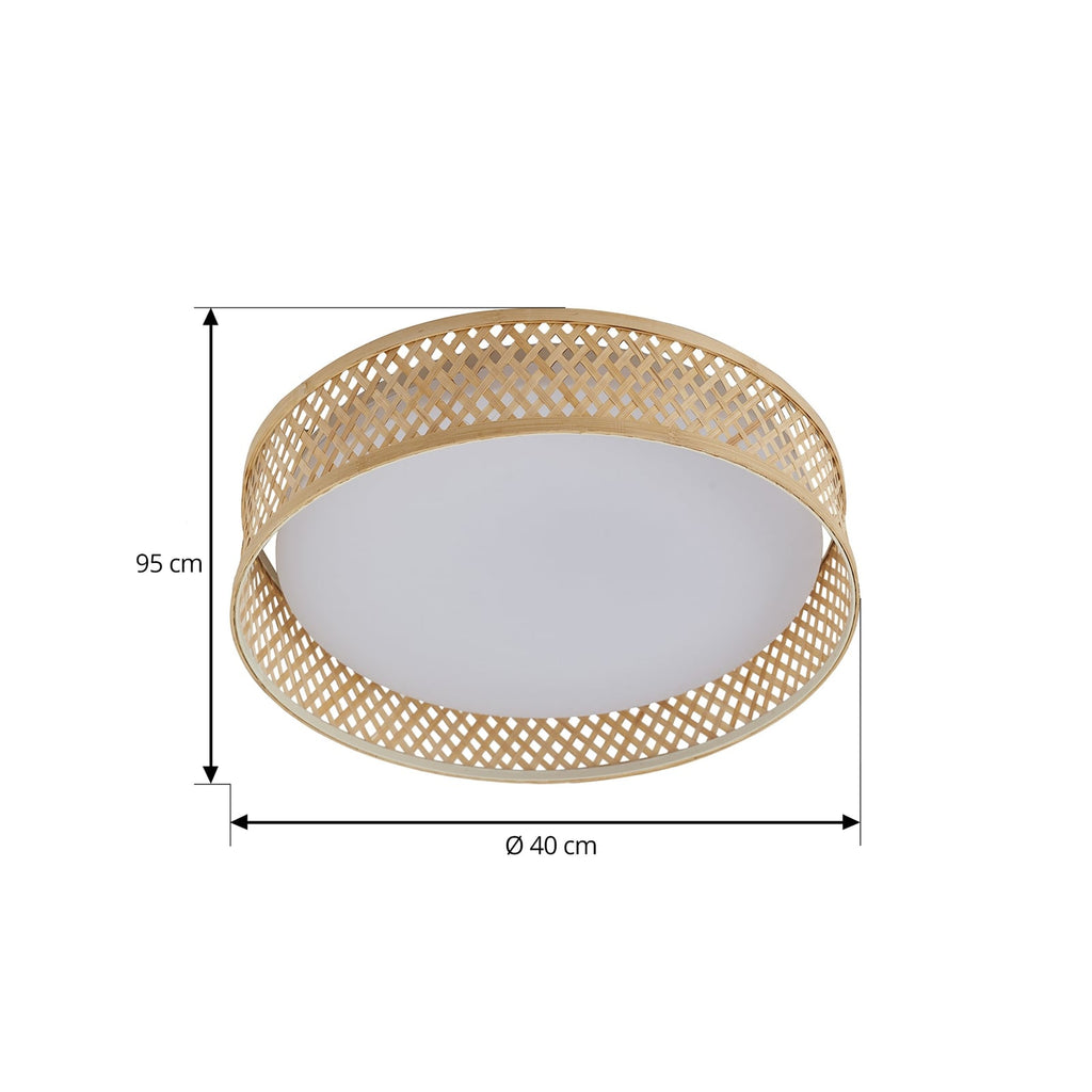 Nærbilde av bambusmateriale på LED taklampe Eilif bambus CCT