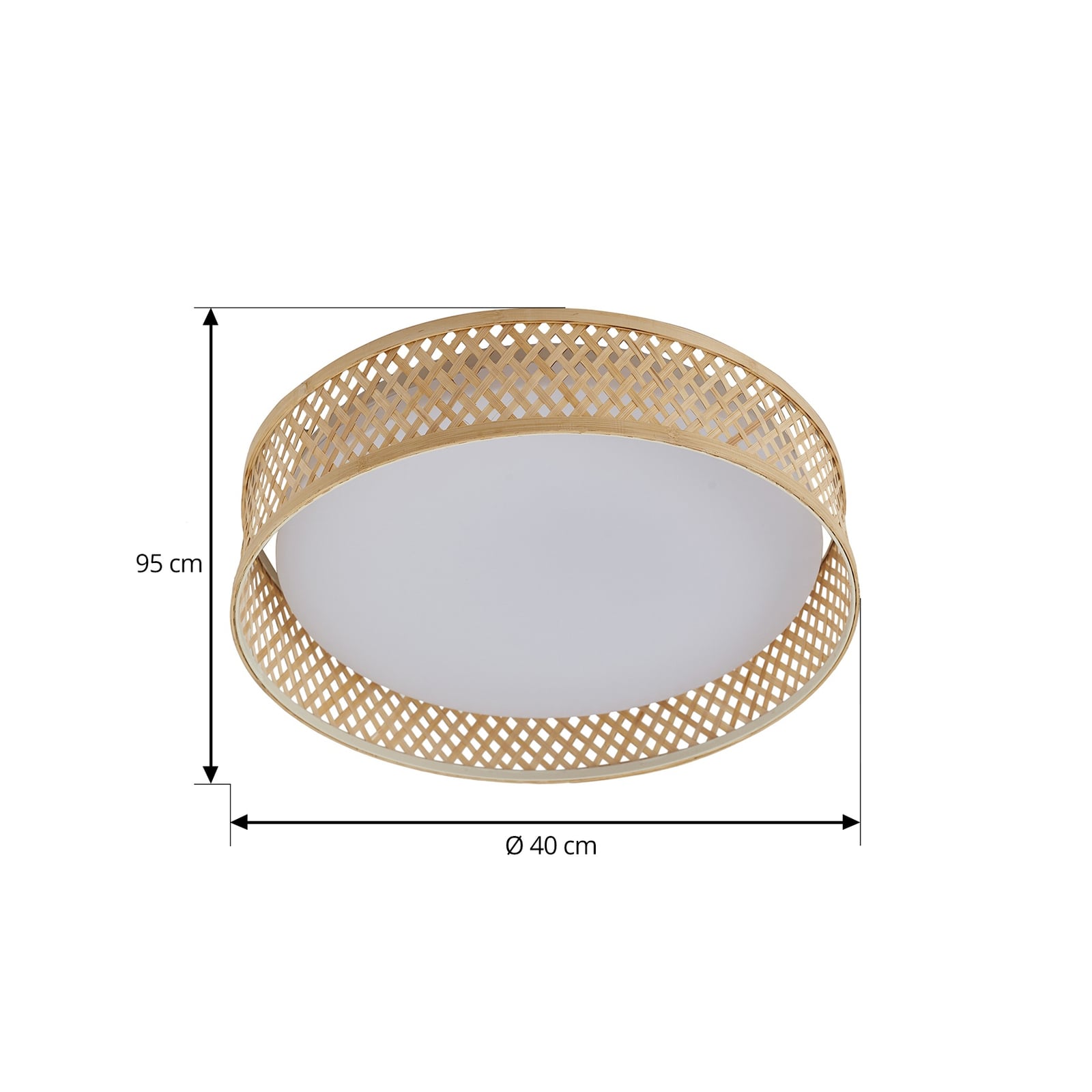 Nærbilde av bambusmateriale på LED taklampe Eilif bambus CCT
