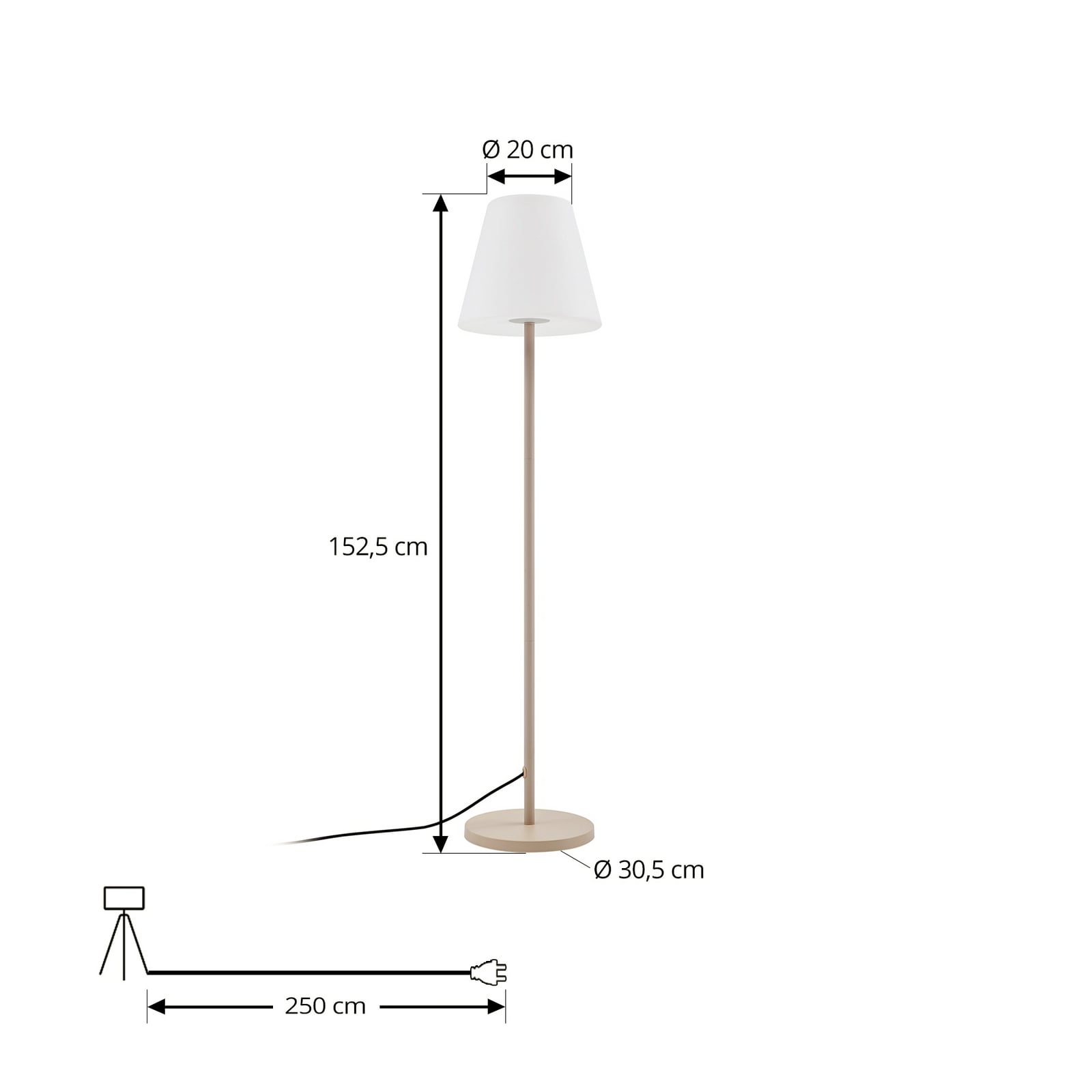 Nærbilde av bryter på kabel til Utegulvlampe Jaimy beige/hvit metall