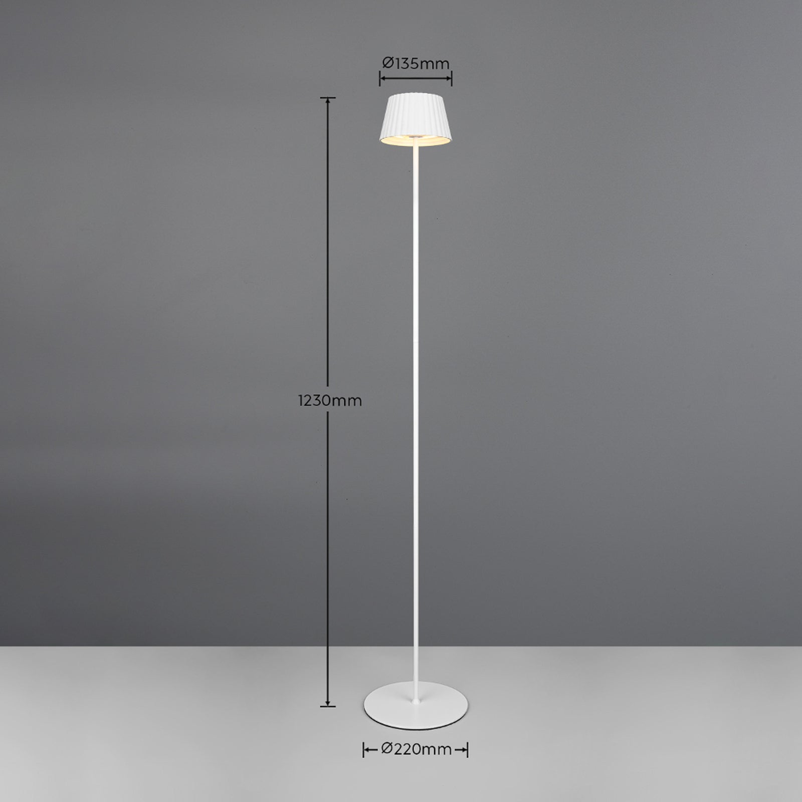 Nærbilde av LED oppladbar gulvlampe Suarez dimbar hvit 123 cm base