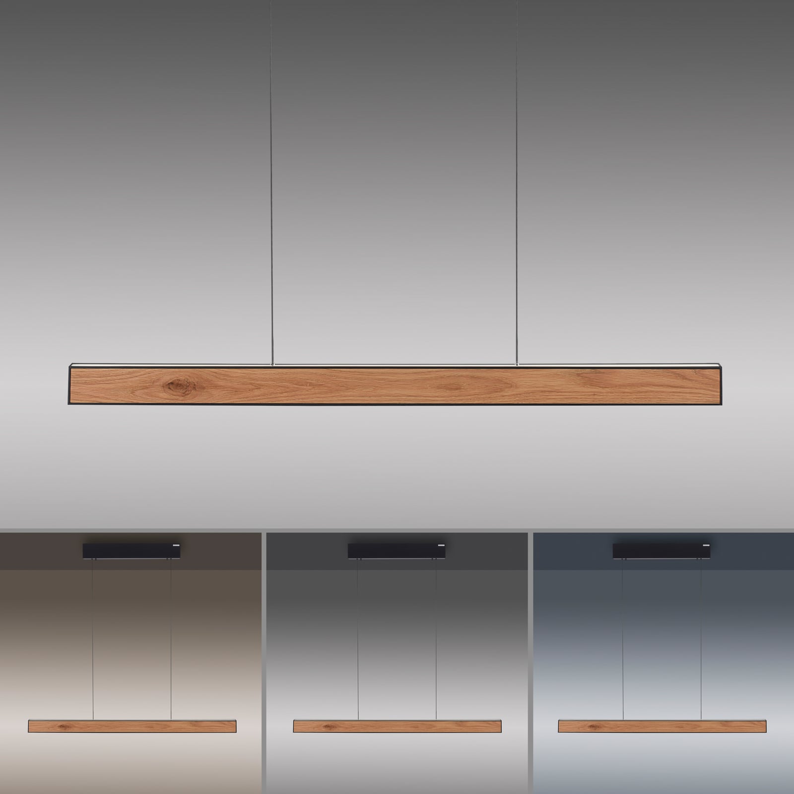 Nærbilde av LED pendellampe PURE E-Motion eik/svart CCT fjernkontroll