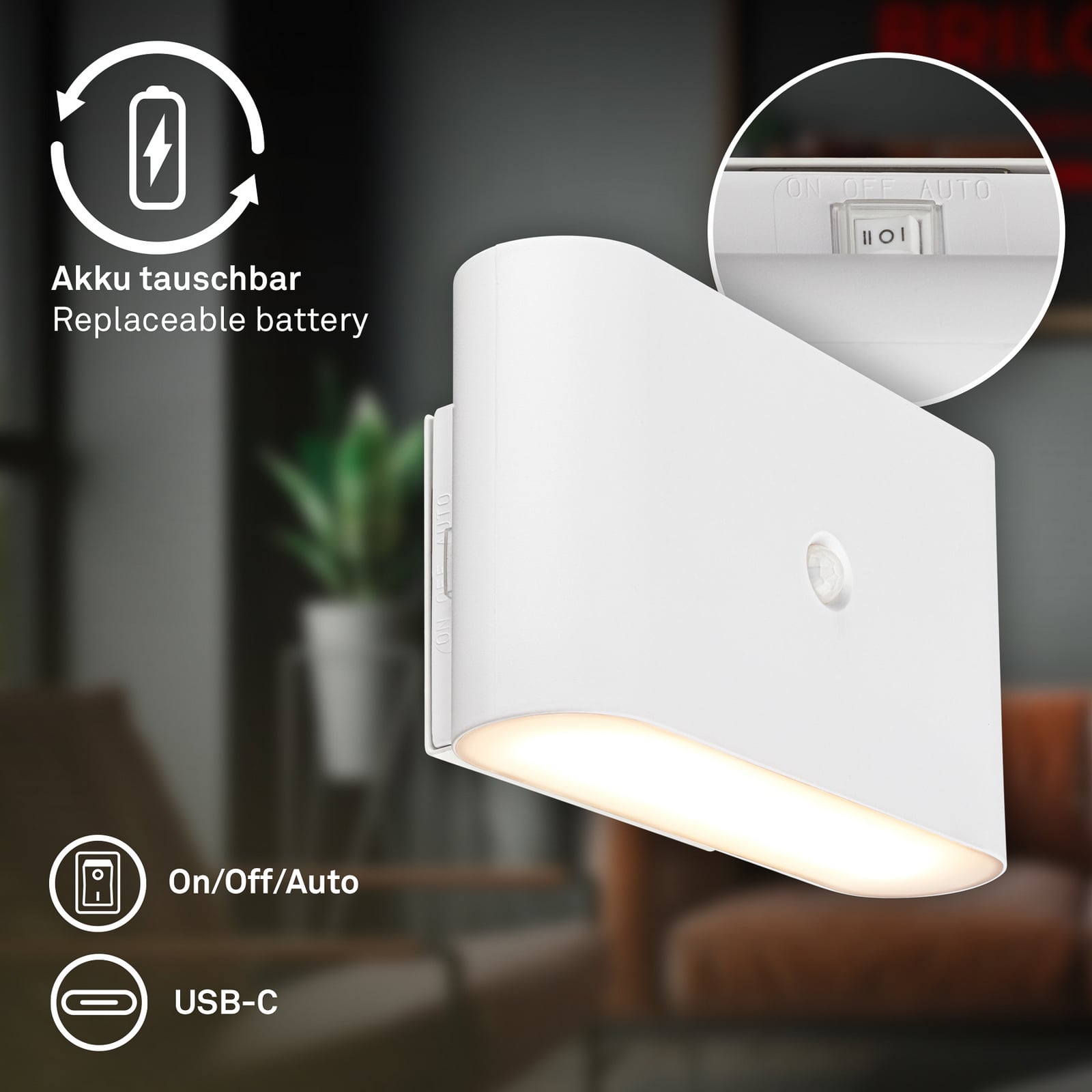 Nærbilde av sensor på LED vegglampe Chat med bevegelsessensor hvit