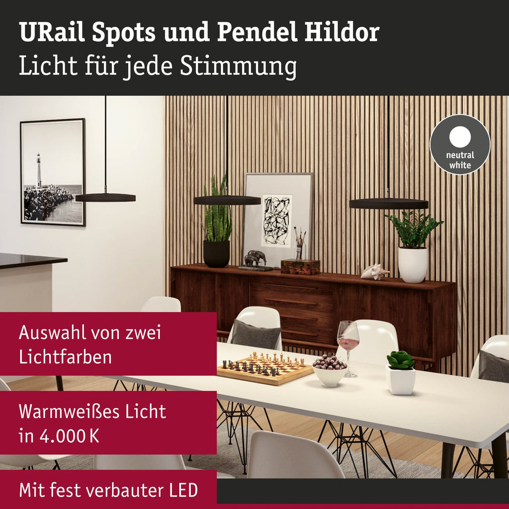 Nærbilde av lampehode på URail LED-pendellampe Hildor svart