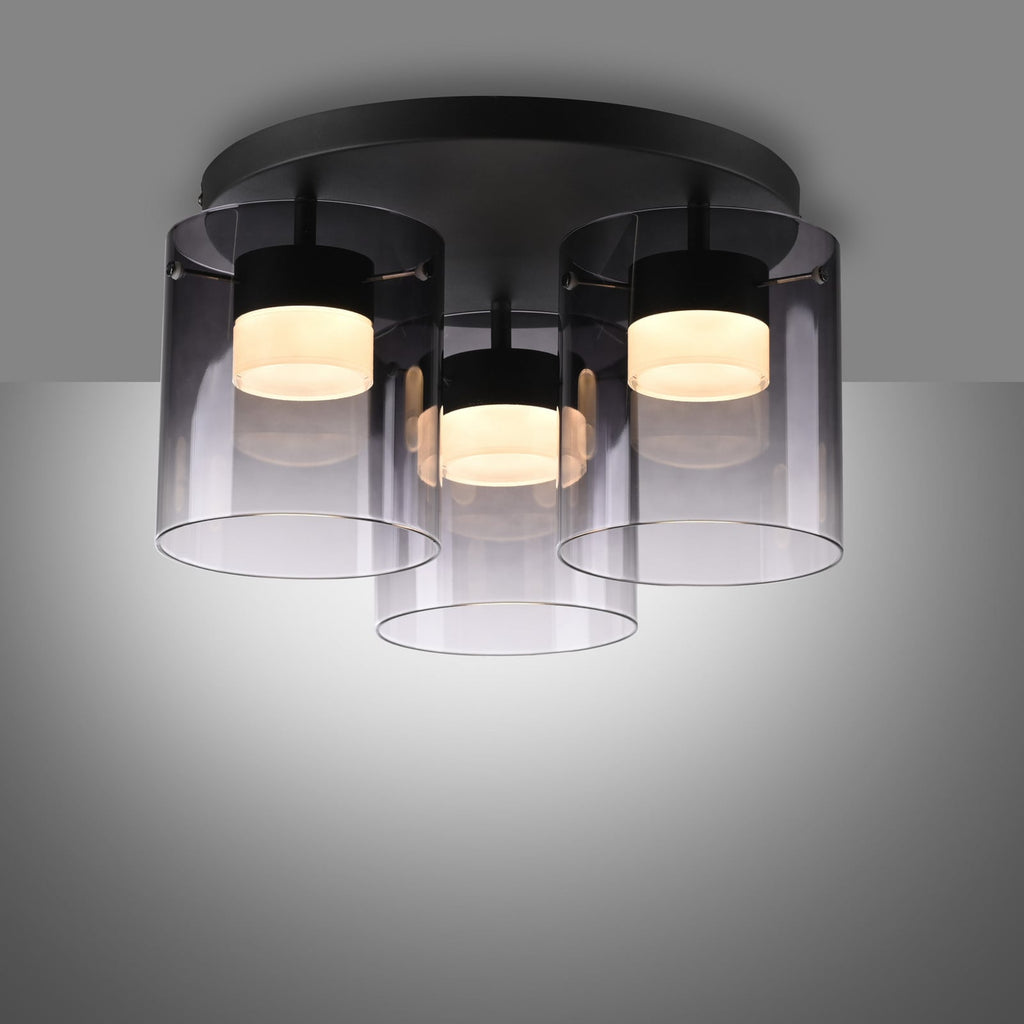 Nærbilde av røykglass på LED taklampe Elio 3-lys dimbar