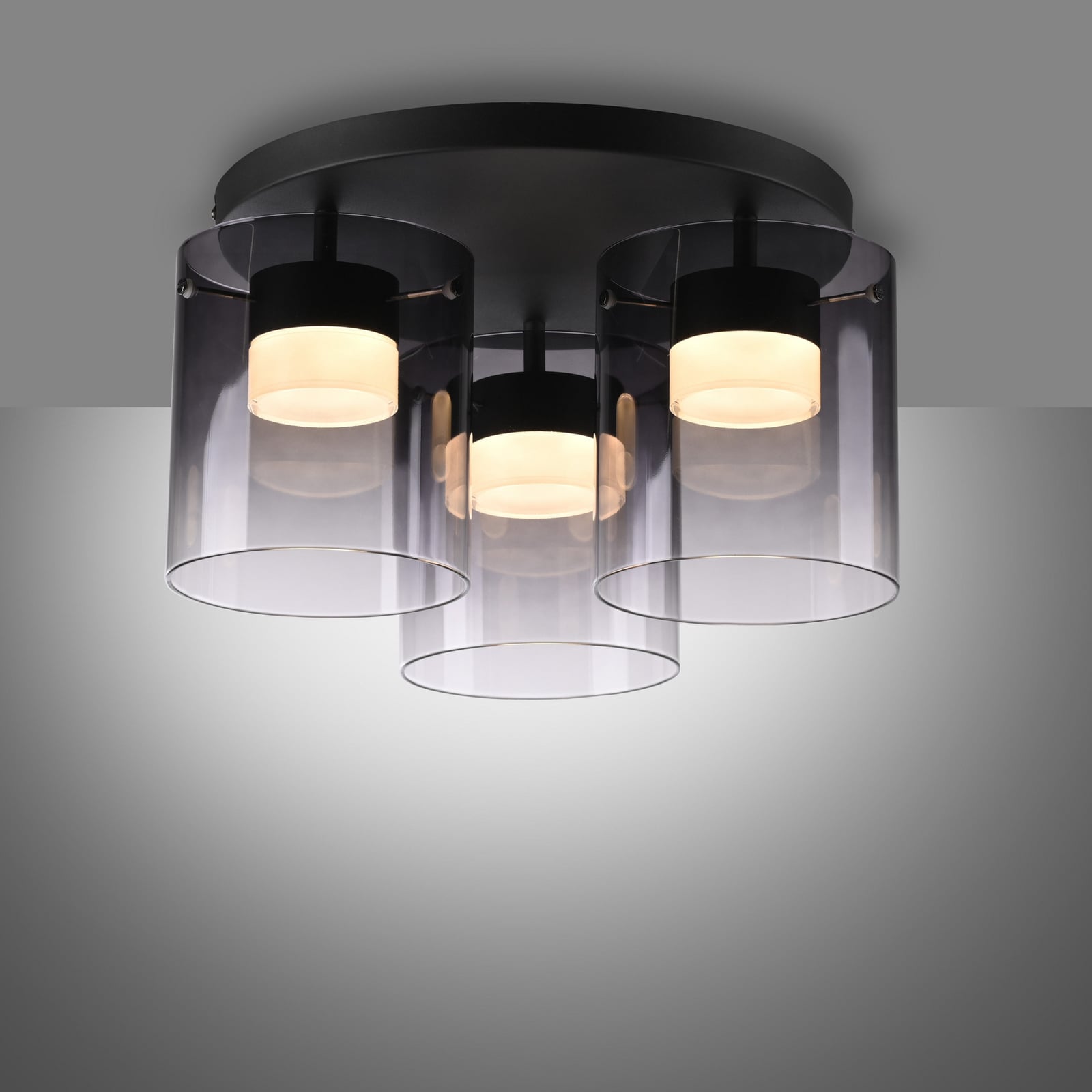 Nærbilde av røykglass på LED taklampe Elio 3-lys dimbar