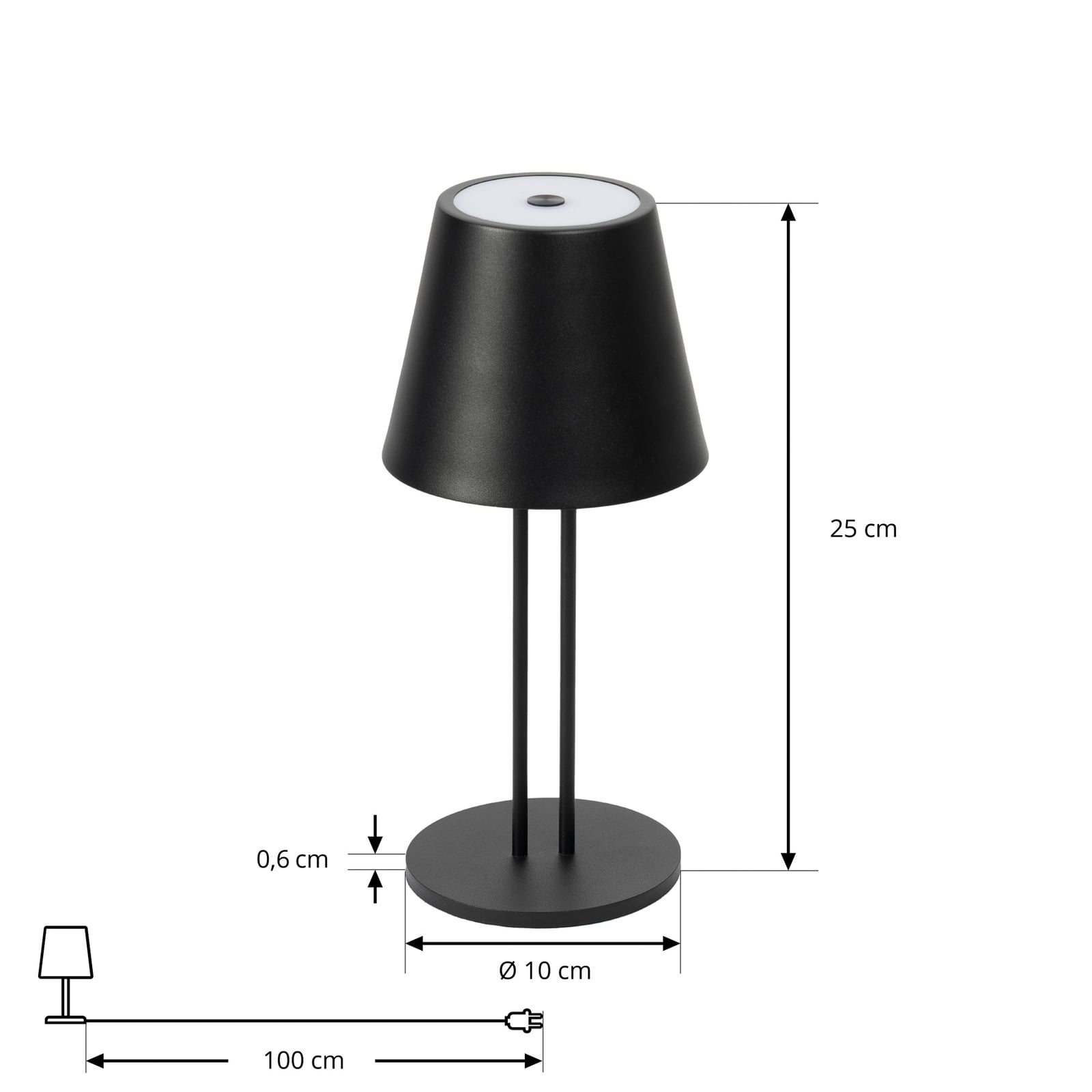 Nærbilde av touchdimmer på LED oppladbar bordlampe Janea TWIN svart metall