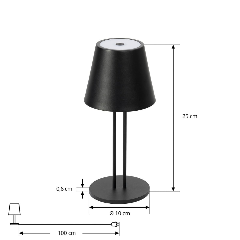 Nærbilde av touchdimmer på LED oppladbar bordlampe Janea TWIN svart metall