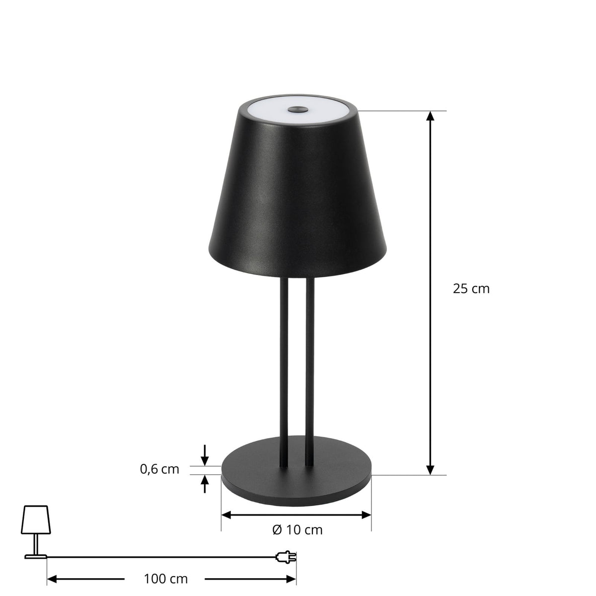 Nærbilde av touchdimmer på LED oppladbar bordlampe Janea TWIN svart metall