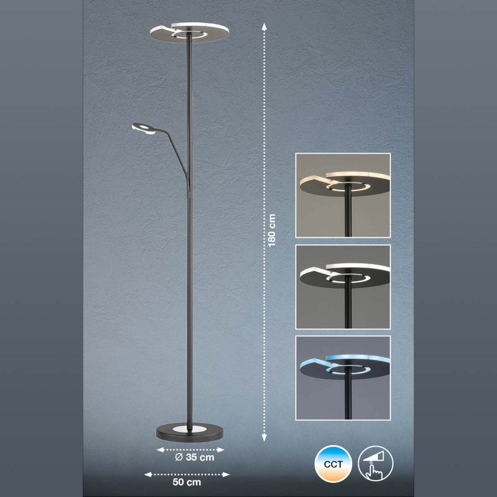 Oversiktsbilde av LED gulvlampe Dent med lesearm CCT dimbar svart i rom