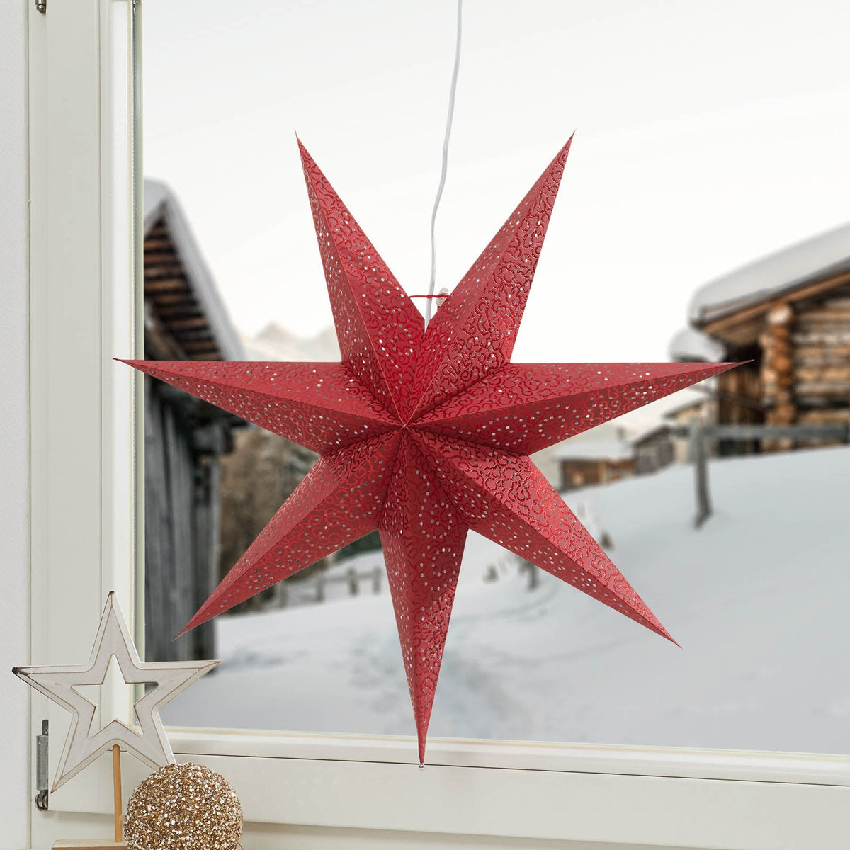 Papirstjerne Antique rød Ø60 cm E14 - STAR TRADING bakside