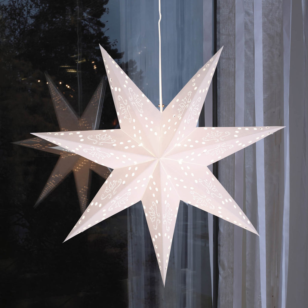 Papirstjerne Romantic Star hengende hvit Ø 54 cm forfra