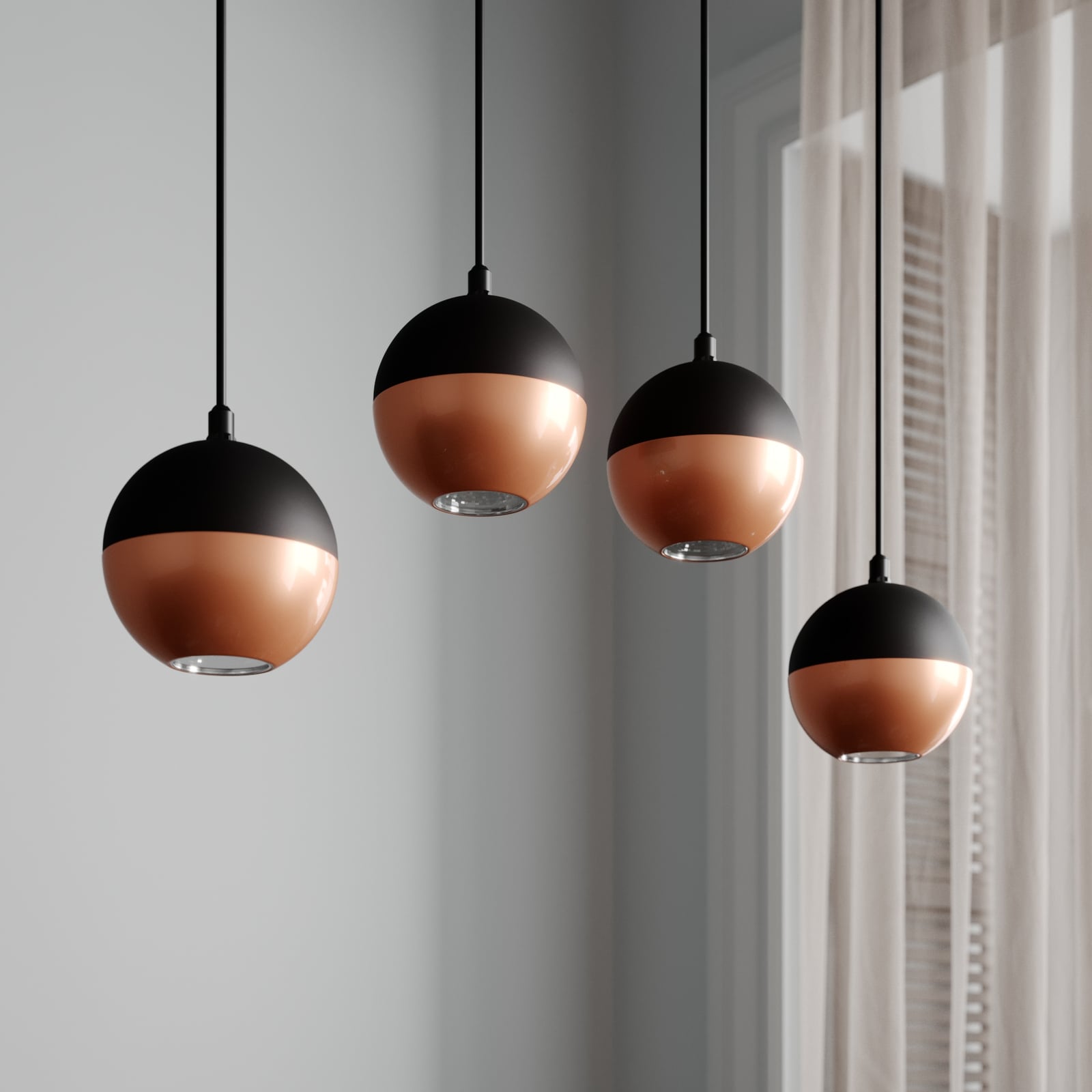 Pendellampe 4-lys svart/kobber 65 cm lang GU10 HELAM detalj kobber finish