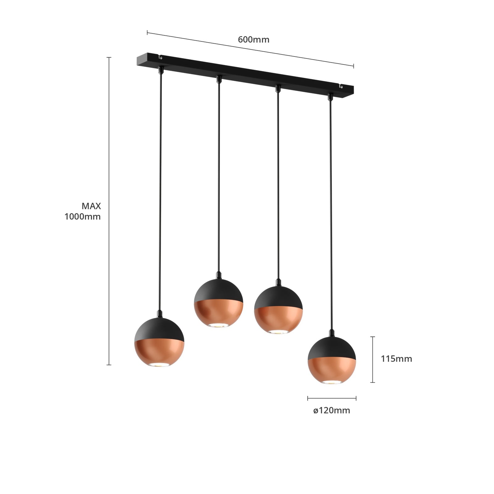 Pendellampe 4-lys svart/kobber 65 cm lang GU10 HELAM detalj jernmateriale