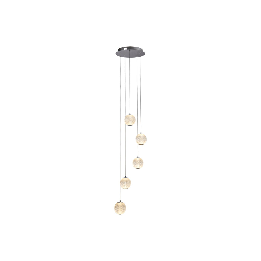 Pendellampe Allure LED 5-lys krom akrylkuler forfra