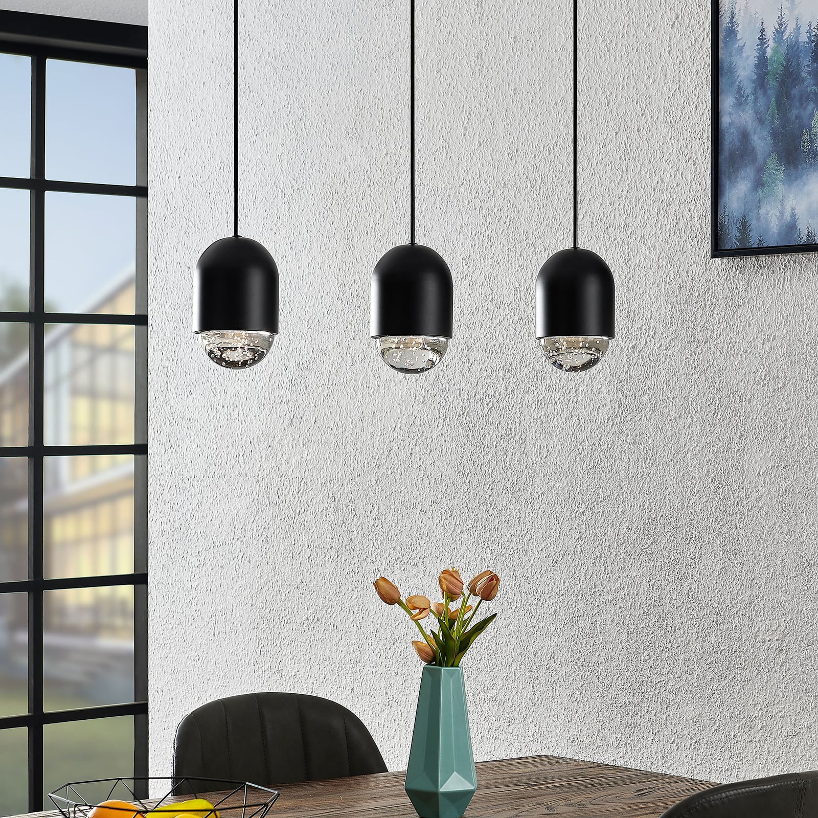 Pendellampe Amielle 3-lys detalj av glass med boblestruktur