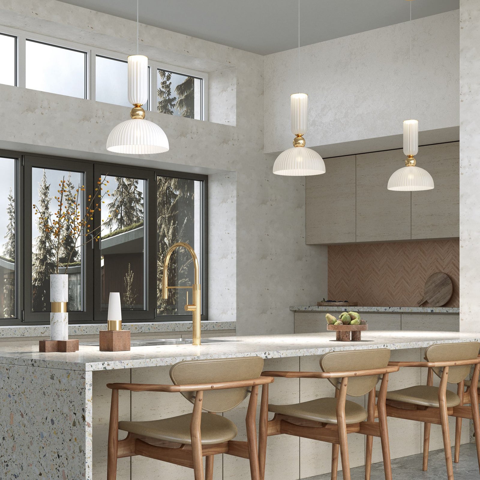 Pendellampe Antic glass hvit/gull sett fra siden