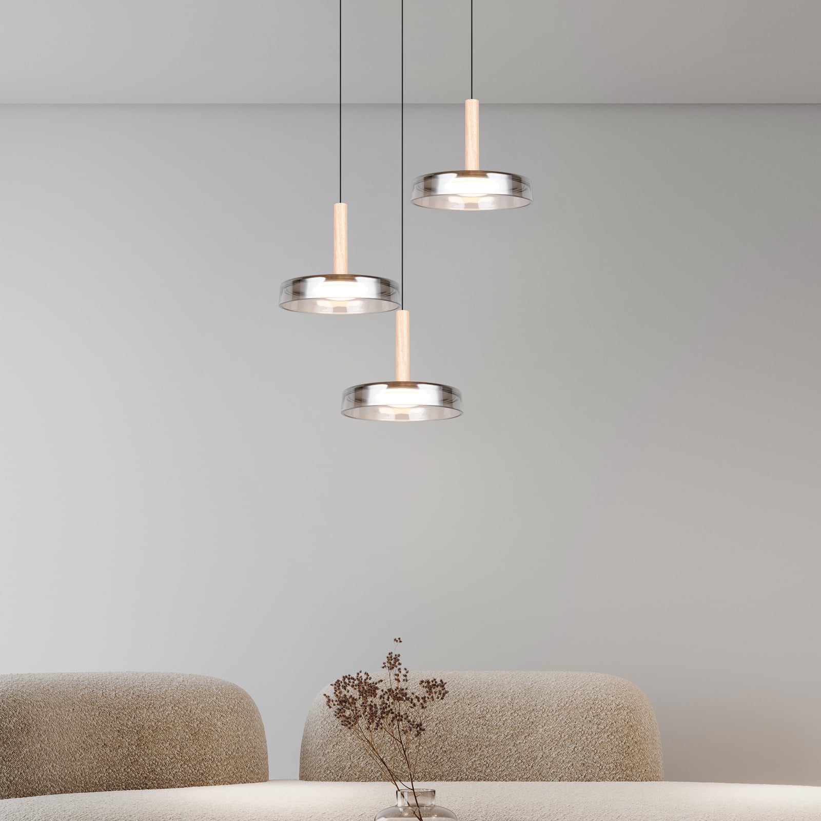 Pendellampe Celeste LED 3-lys glass og tre bakside