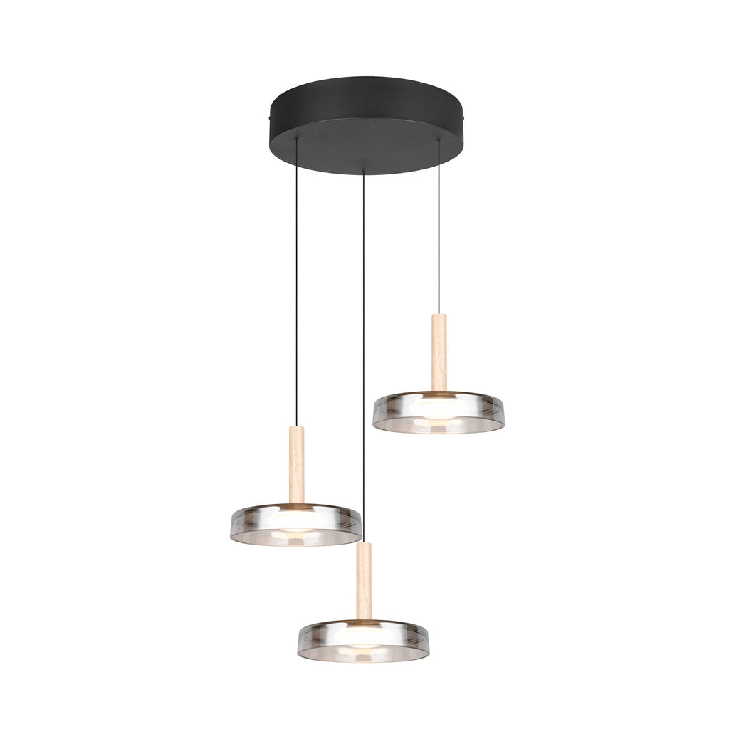 Pendellampe Celeste LED 3-lys glass og tre detalj av glass