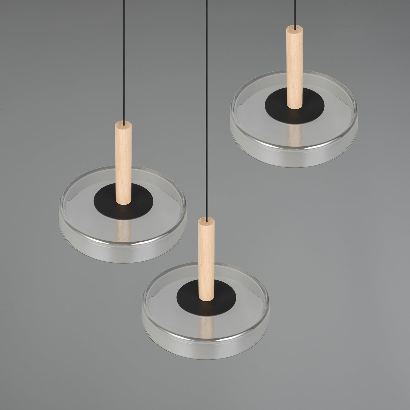 Pendellampe Celeste LED 3-lys glass og tre detalj av treverk