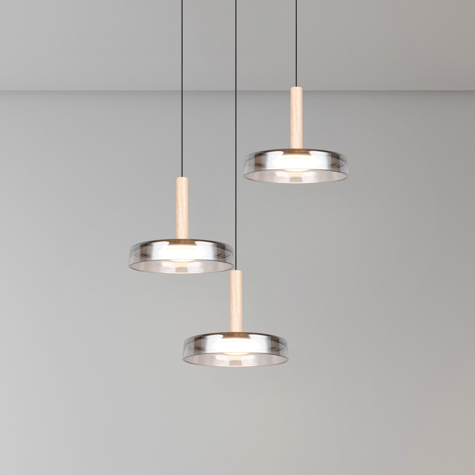 Pendellampe Celeste LED 3-lys glass og tre forfra