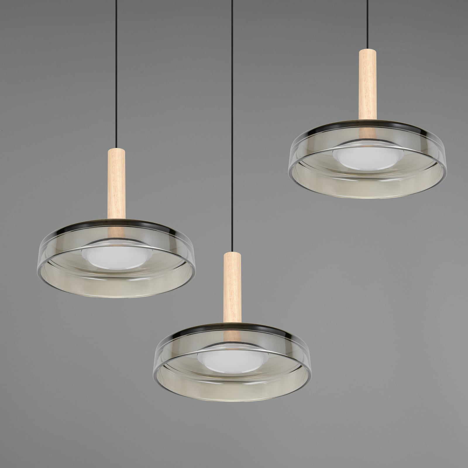 Pendellampe Celeste LED 3-lys glass og tre fra siden