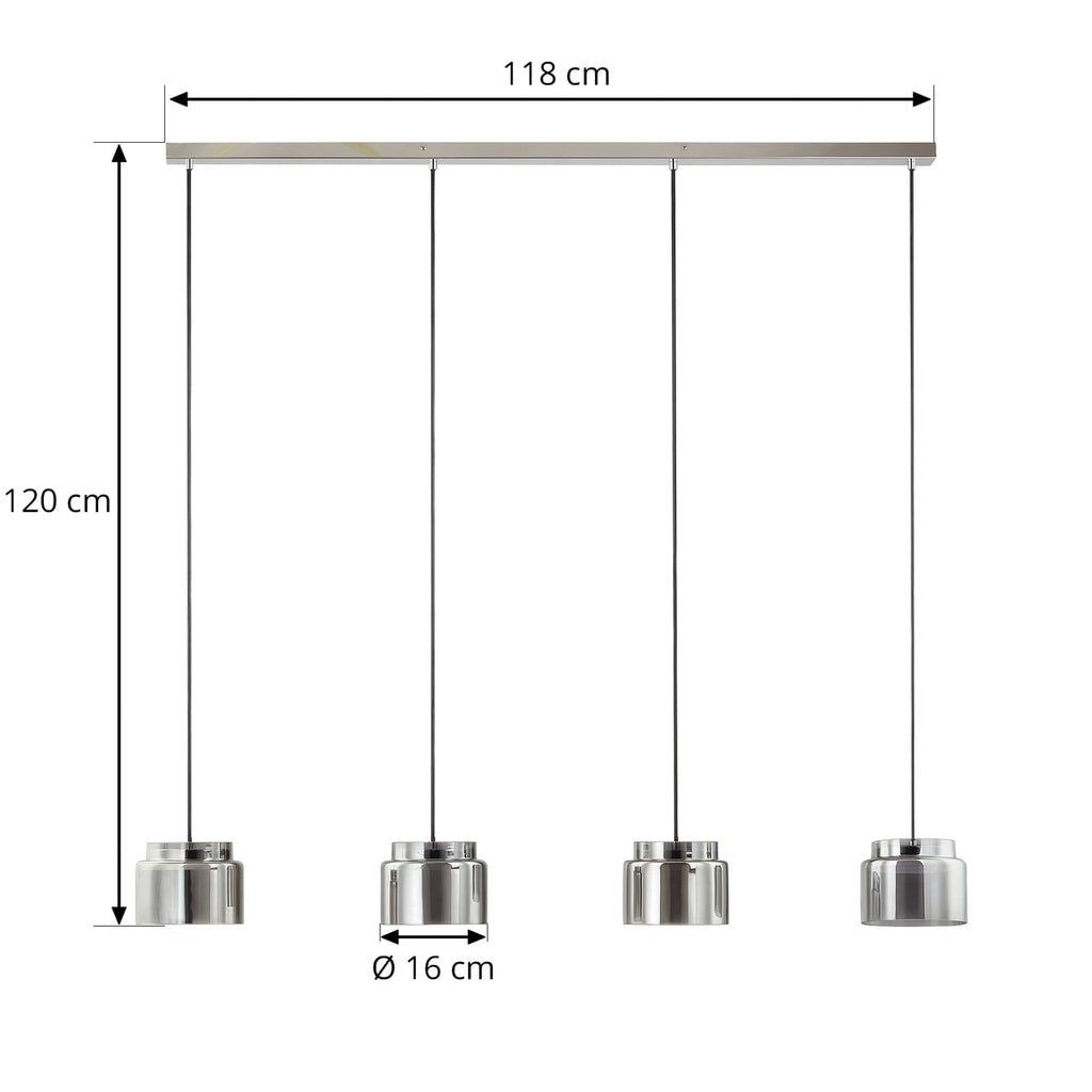 Pendellampe Diano 4-lys røykgrå glass 118 cm montert i rom
