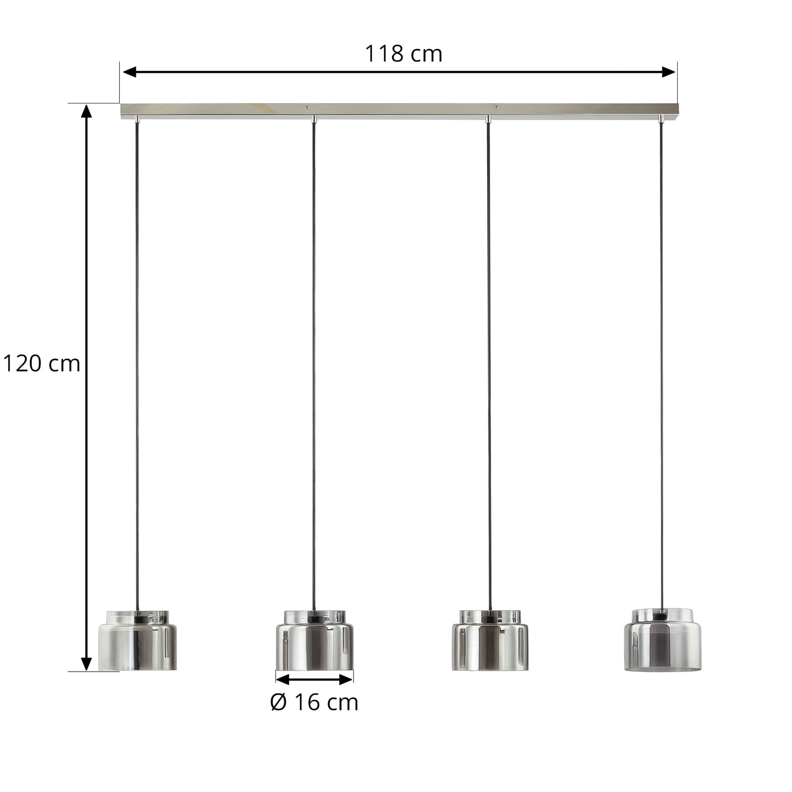 Pendellampe Diano 4-lys røykgrå glass 118 cm montert i rom