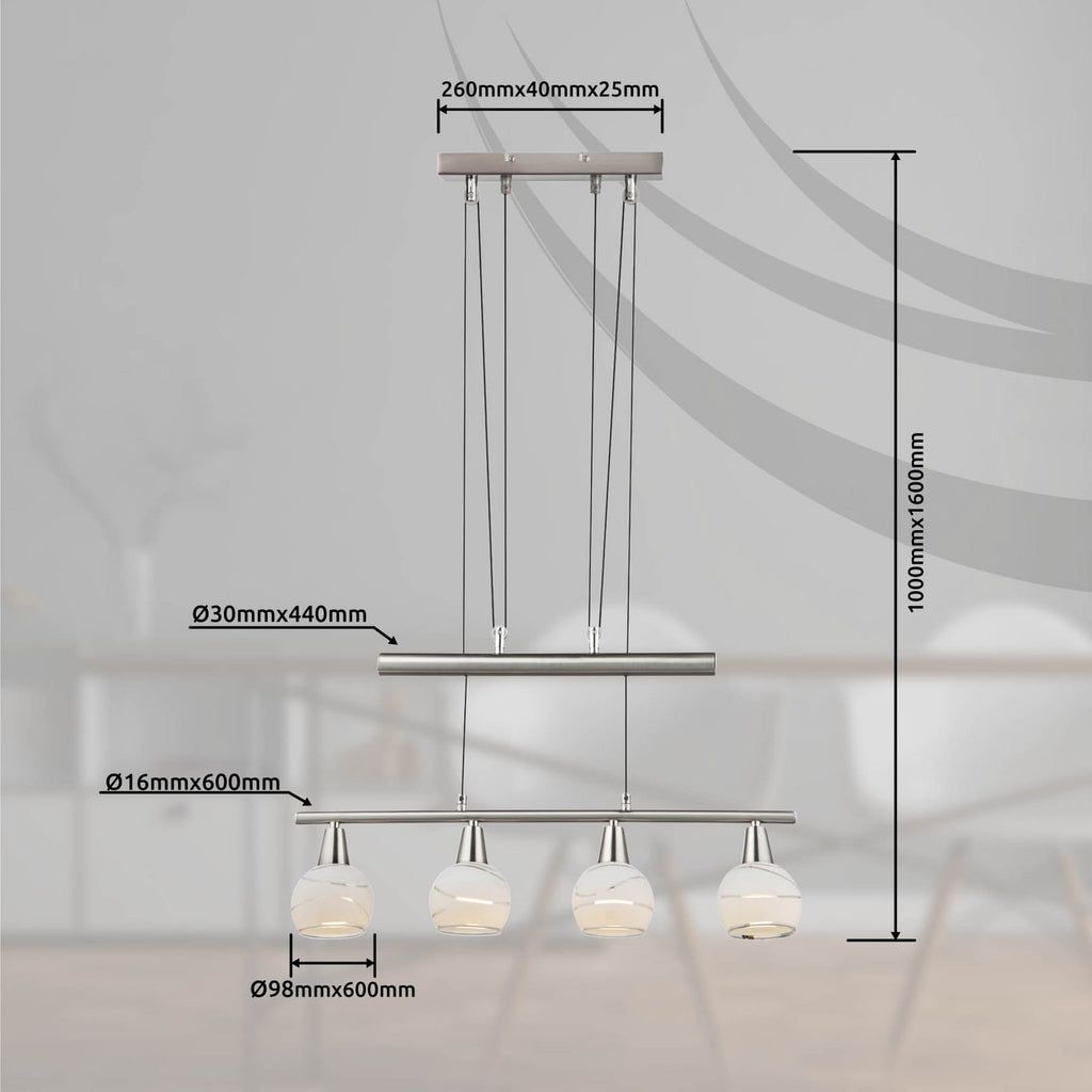 Pendellampe Elliott 4-lys matt nikkel glass montert over bord
