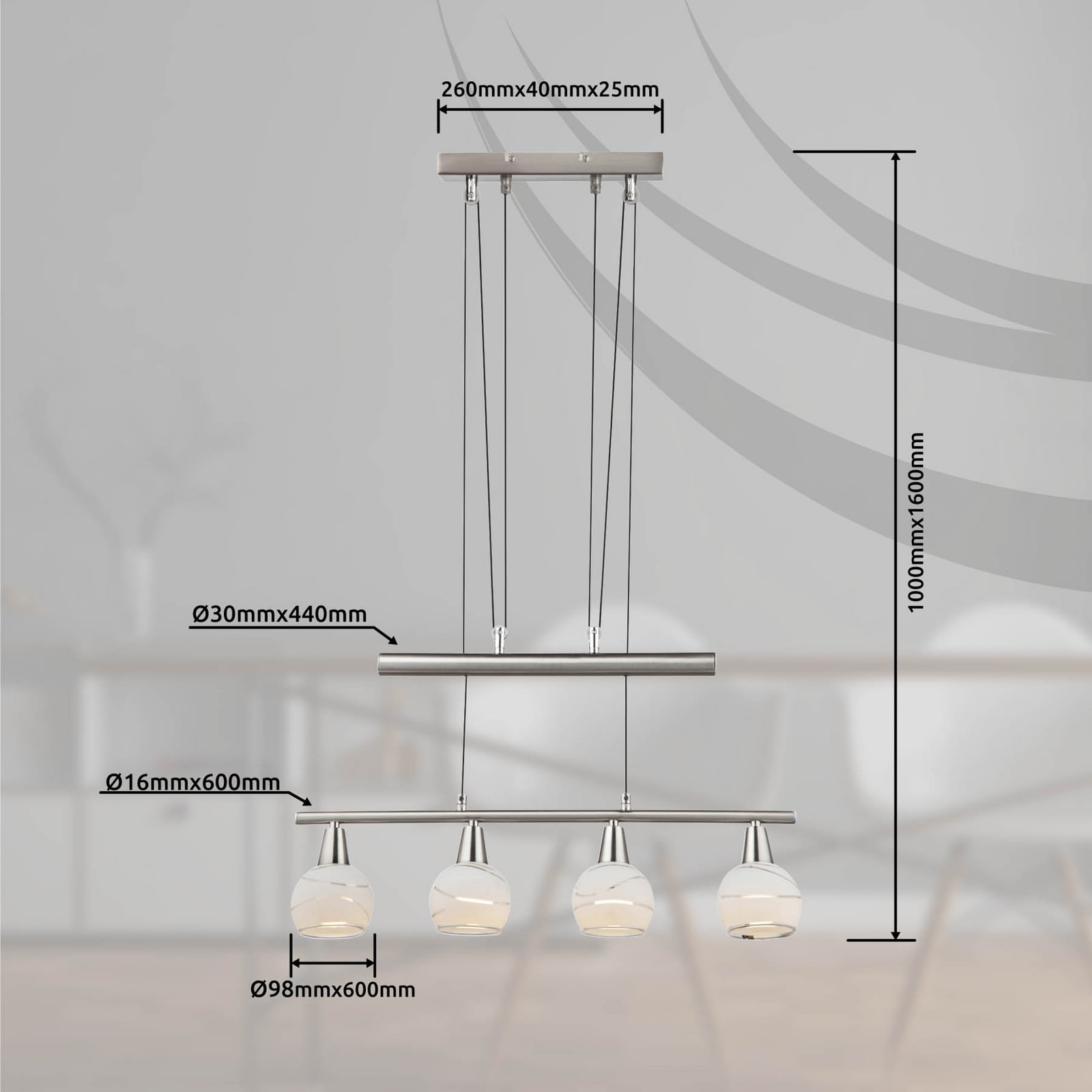 Pendellampe Elliott 4-lys matt nikkel glass montert over bord