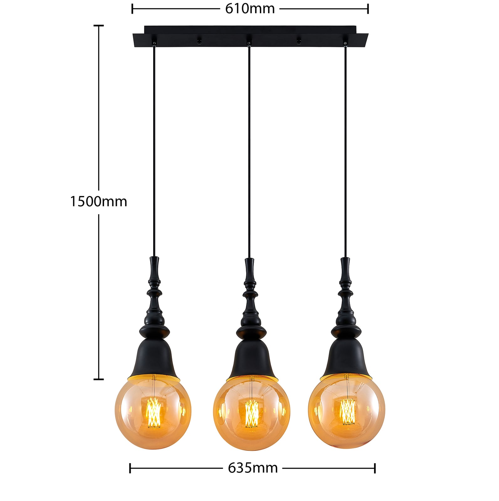 Pendellampe Gesja 3-lys svart jern 63,5 cm oppheng