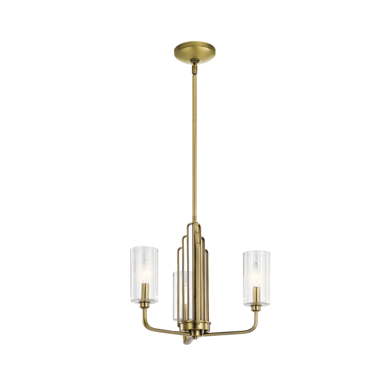 Pendellampe Kimrose 3-lys messing riflet glass dimbar forfra