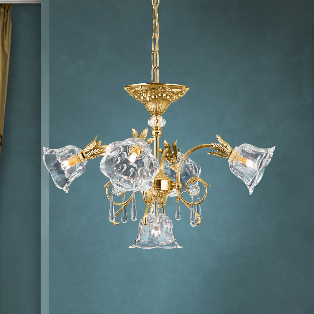 Pendellampe La Boheme 5-lys gull messing krystallglass forfra