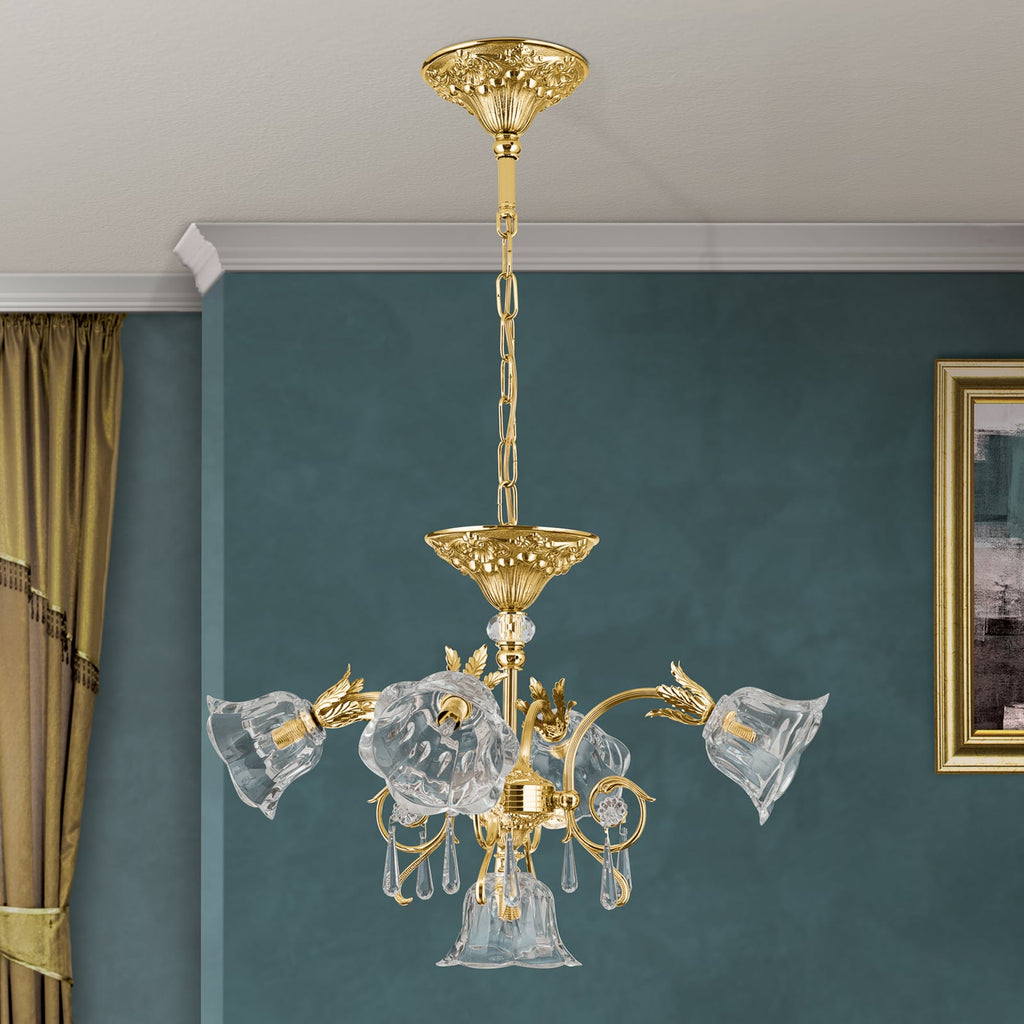 Pendellampe La Boheme 5-lys gull messing krystallglass bakside