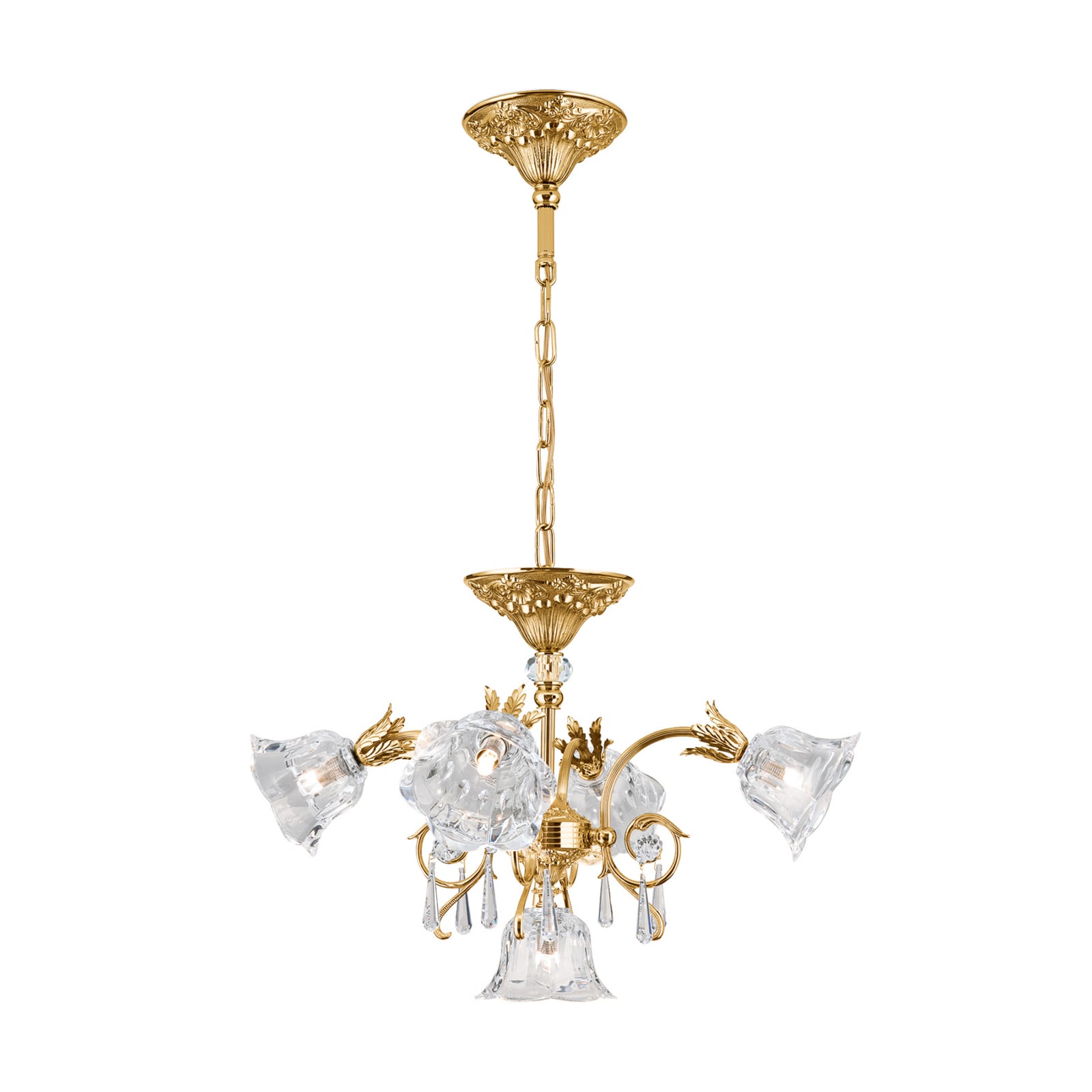 Pendellampe La Boheme 5-lys gull messing krystallglass detalj av krystallglass
