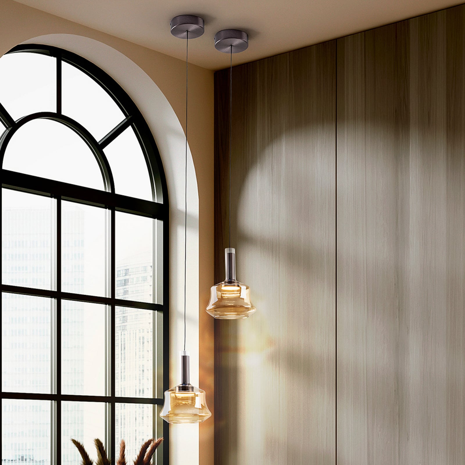 Pendellampe LED dimbar ravfarget glass Ø18 cm Schuller Valencia bakside